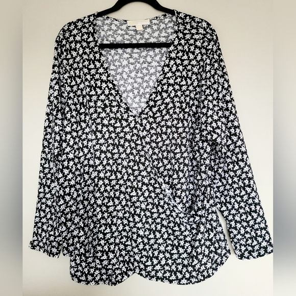 Michael Kors Women's Wrap Blouse Cotton/Modal Black/White Floral 2XL - Picture 2 of 16